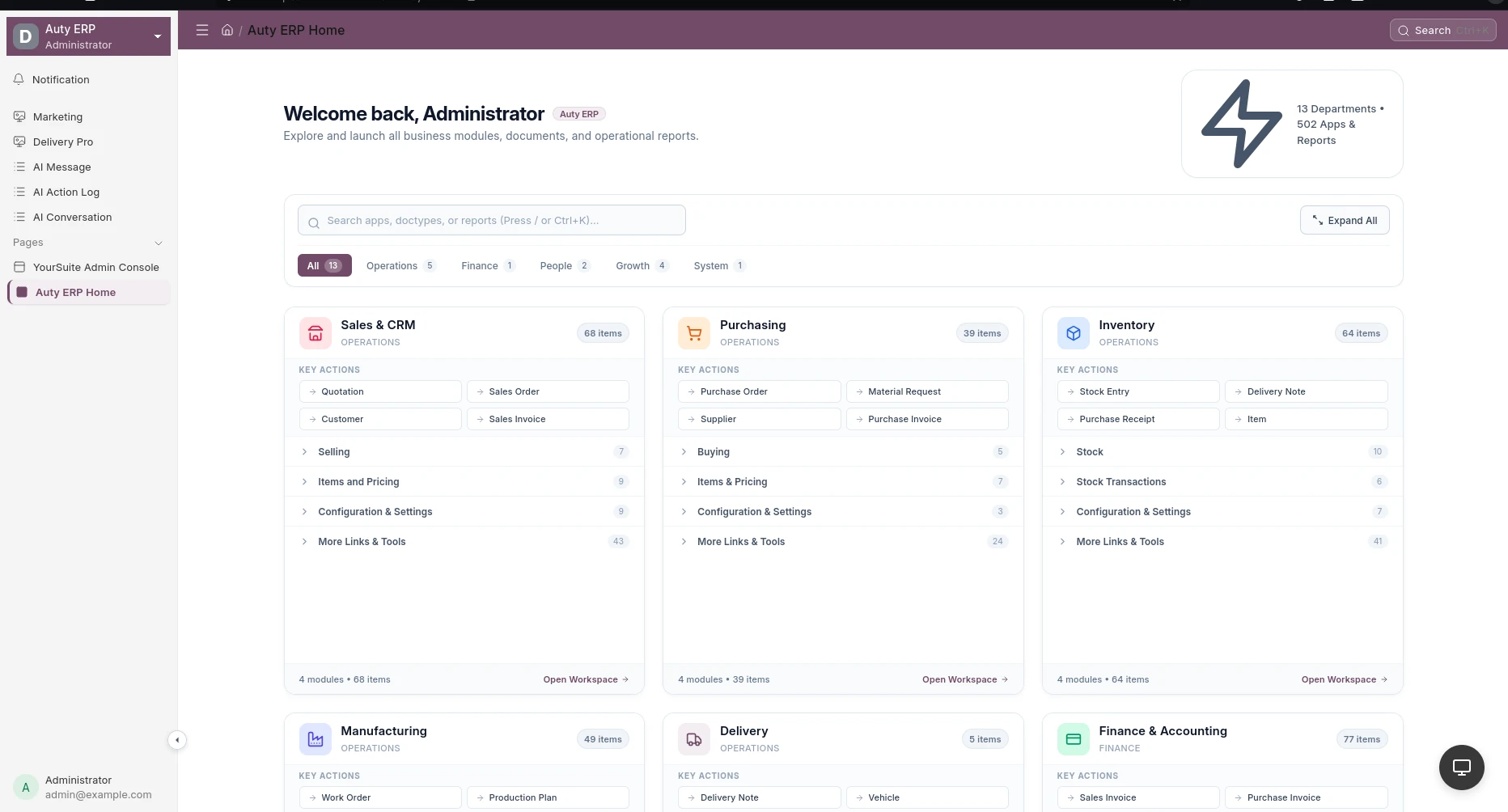 Auty ERP — Operations & Multi-Module Workspace Launchpad